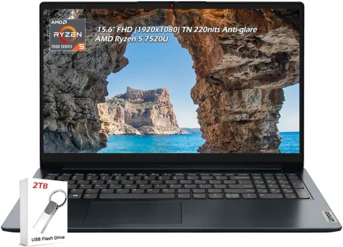 Lenovo IdeaPad 1 15.6" FHD (1920x1080) IPS 300nits Anti-Glare Display, Ryzen 5 7520U, 8GB RAM, 256GB Storage, AMD Radeon 610M, Wi-Fi6, Bluetooth, Win11, Artic Grey, with 2TB Flash Drive